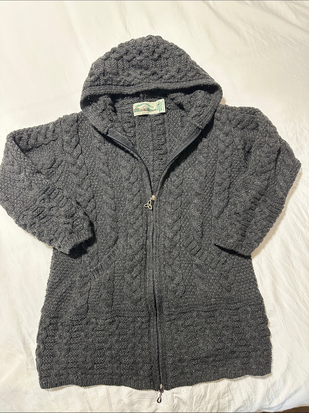 Aran Crafts Hooded 100% Merino Wool Cable Zip Cardigan - Dark Gray